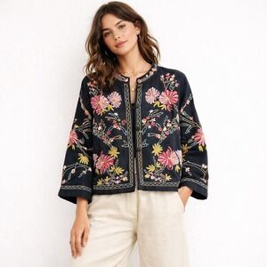 Vintage Cotton Flax Embroidered Floral Boho Jacket Size M‎